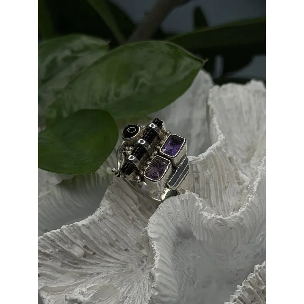 Unique Design Vintage 925 Sterling Silver Amethyst, Onyx & Peridot Ring Size 7